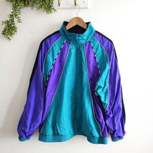 90s Bocoo Women's Large Windbreaker Jacket Blue Purple Sporty Colorblock Outwear
